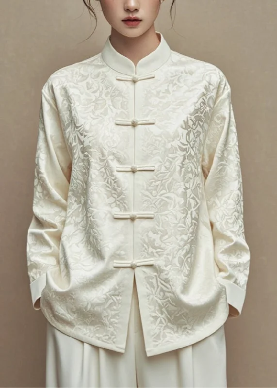 Chinese Style White Stand Collar Button Coats Fall