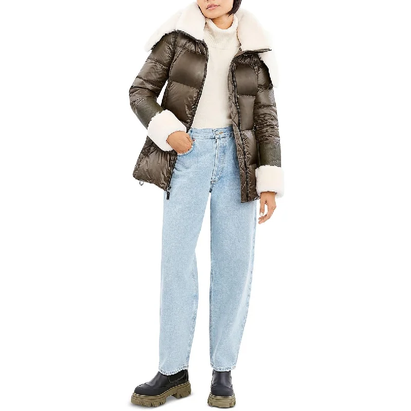 Dawn Levy Womens Aspen Shearling Trim Down Puffer Jacket