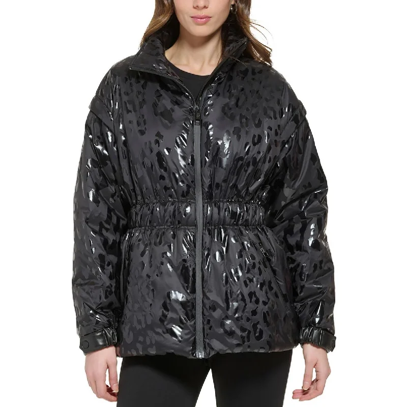 DKNY Womens Stand Collar Animal Print Puffer Jacket