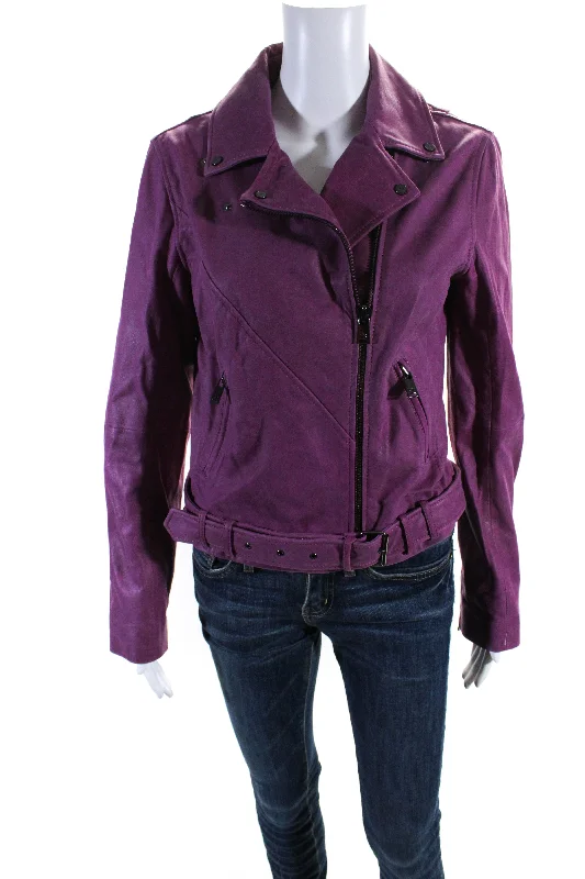 Haute Hippie Womens Leather Full Zip Short Motorcycle Jacket Plum Purple