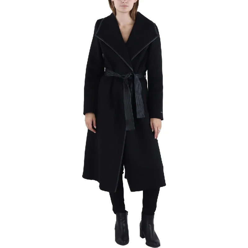 Tahari Womens Faux Trim Midi Wool Coat