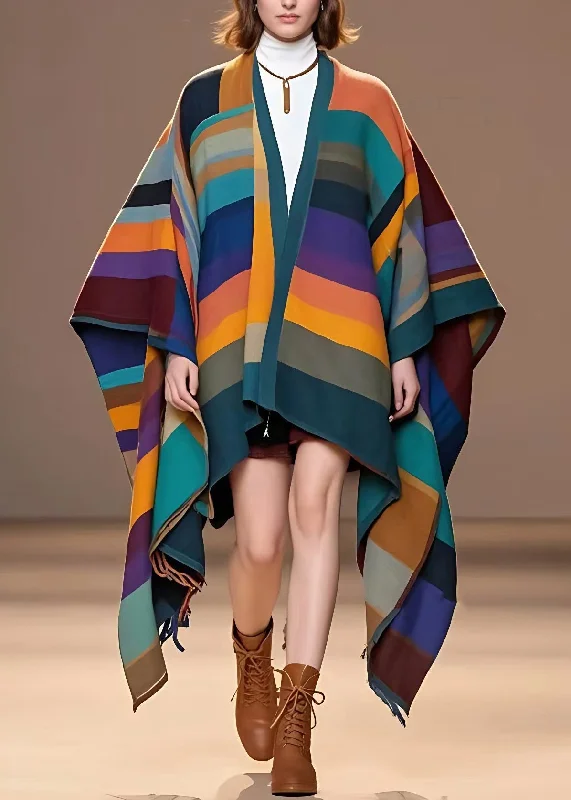 Unique Multicolor V Neck Striped Woolen Coats