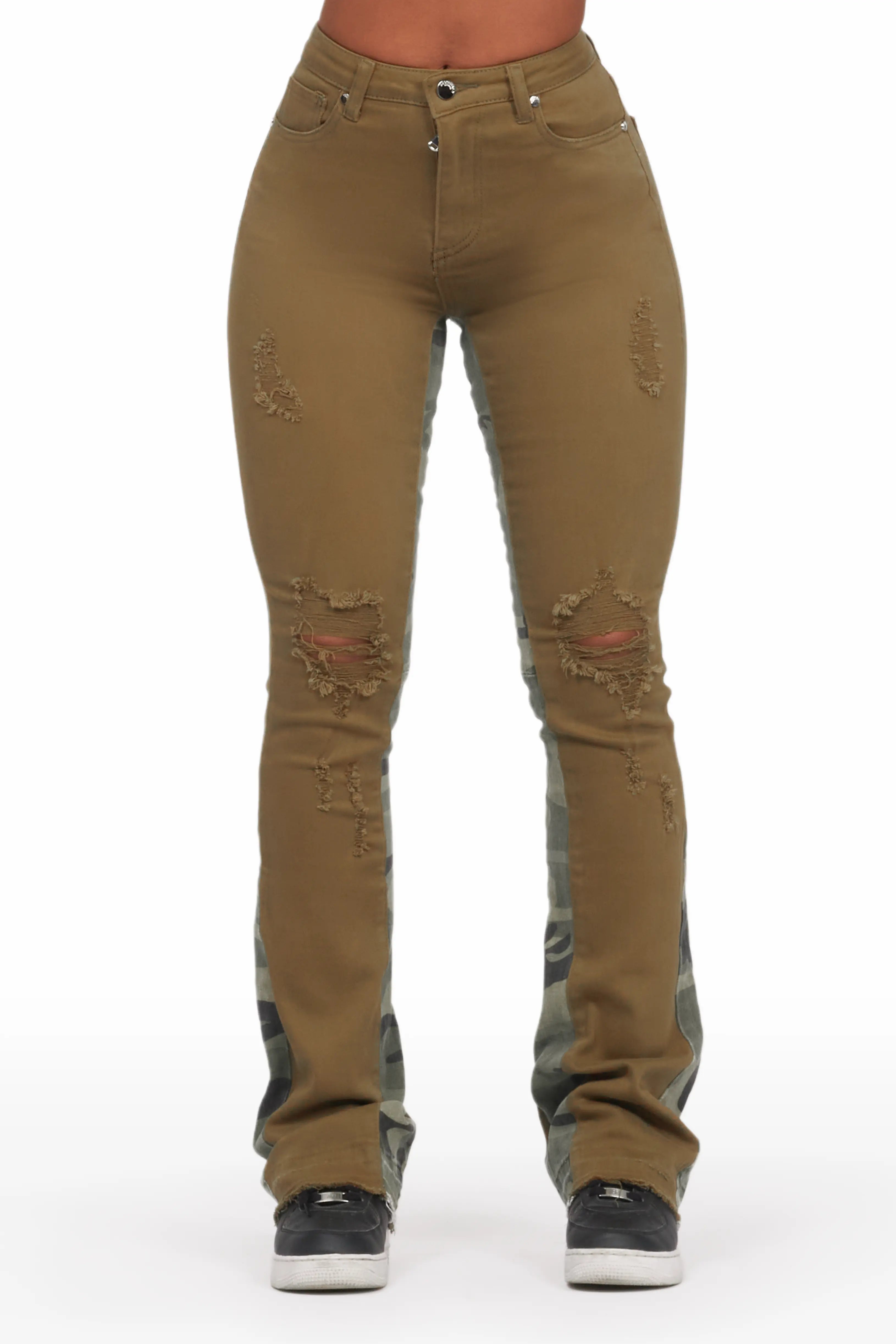 Khaleesy Olive Camo Stacked Flare Jean