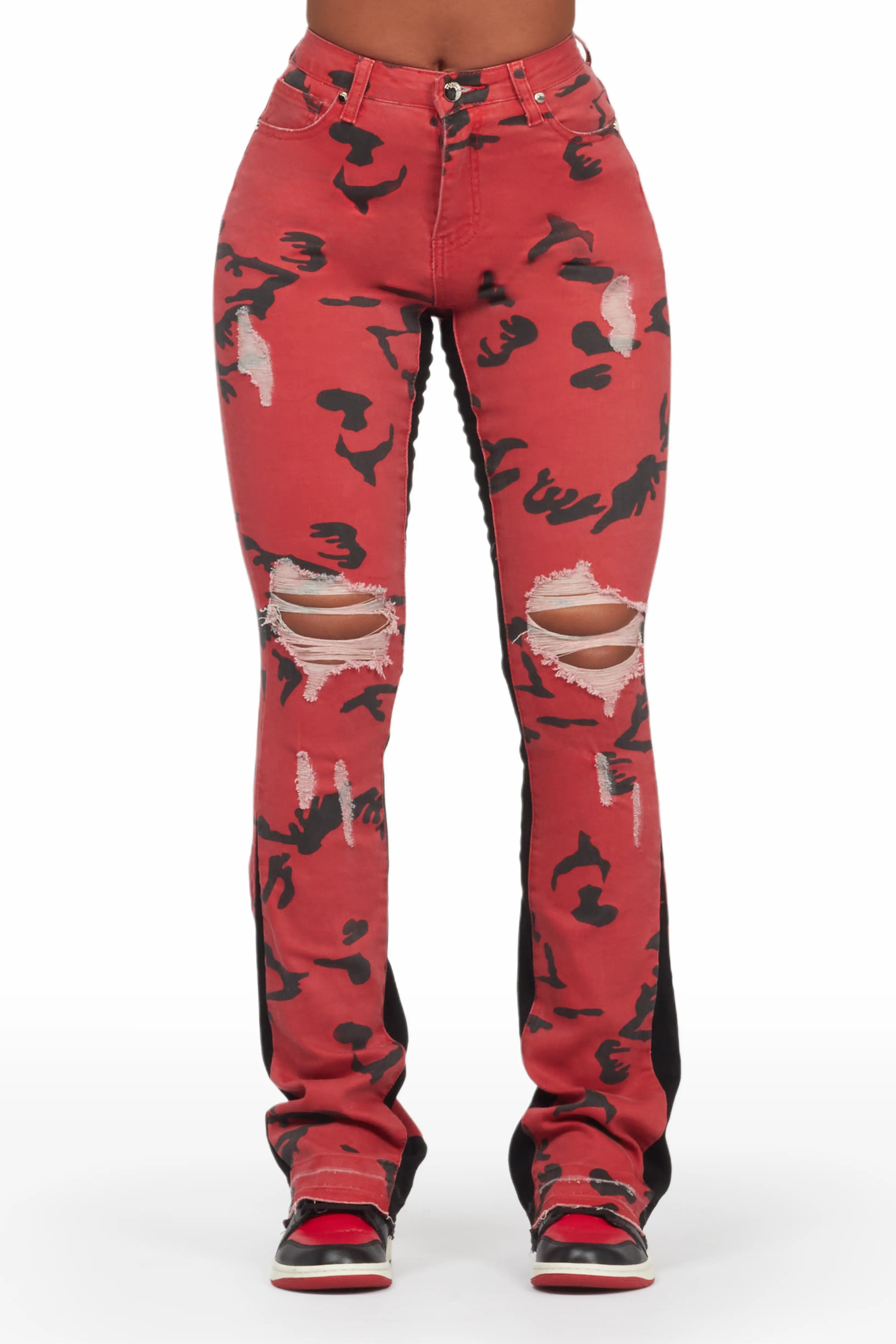 Khaleesy Red Camo Stacked Flare Jean