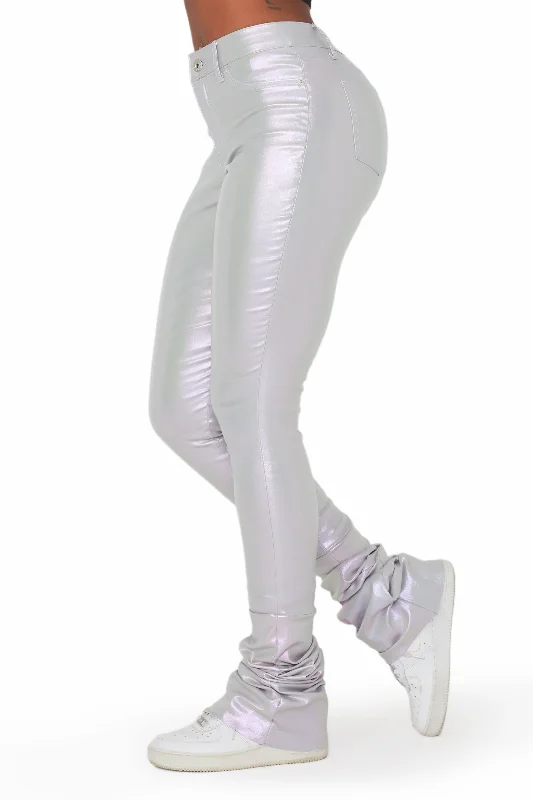 Zaniyah Metallic Silver PU Super Stacked Pant