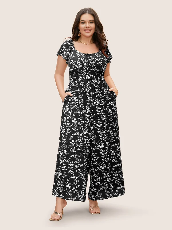 Crew Neck Ditsy Floral Tie Knot Jumpsuit