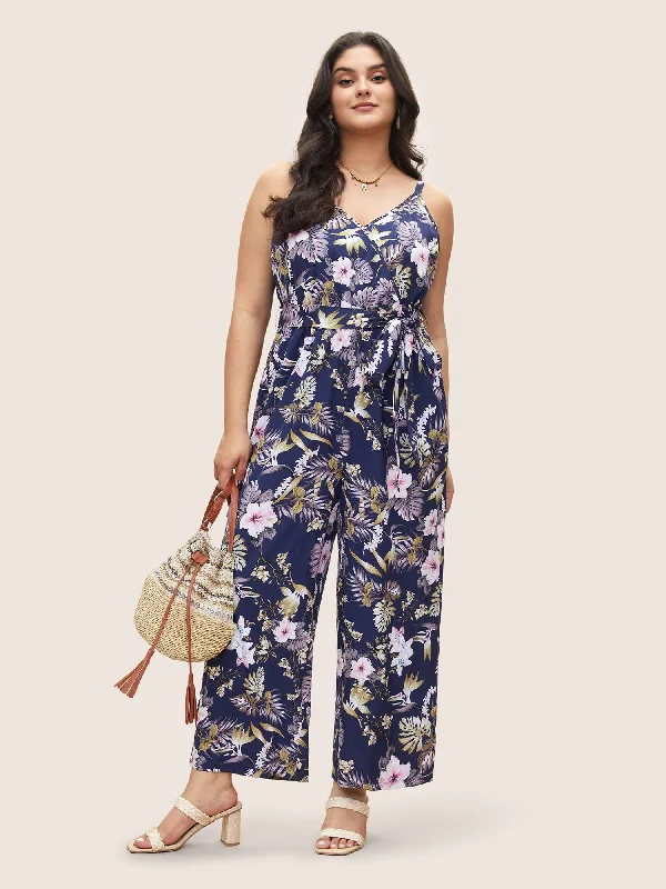 Floral Belted Pocket Wrap Cami Jumpsuit