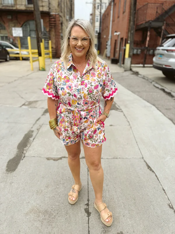 Pink Ribbon Trip Floral Romper-Final Sale Online Only