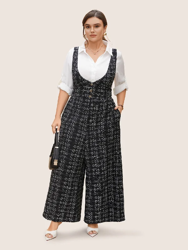 Plaid Tweed Crisscross Back Button Detail Jumpsuit