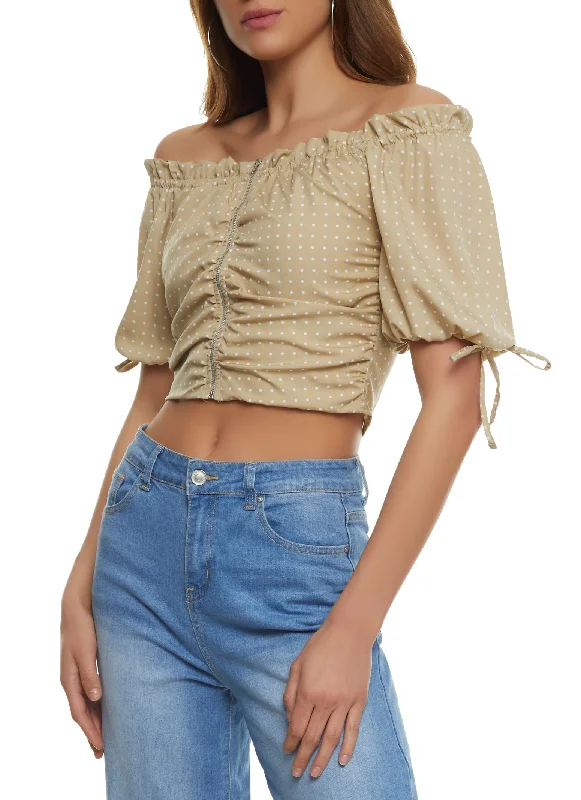 Polka Dot Ruched Zip Front Off the Shoulder Top