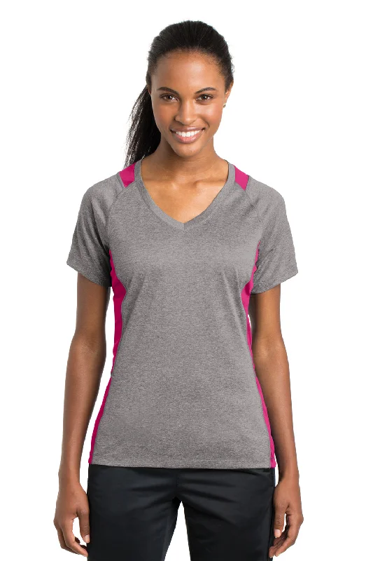 Sport-Tek Womens Contender Heather Moisture Wicking Short Sleeve V-Neck T-Shirt - Heather Vintage Grey/Raspberry Pink - Closeout