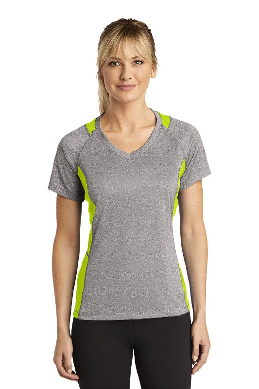 Sport-Tek Womens Contender Heather Moisture Wicking Short Sleeve V-Neck T-Shirt - Heather Vintage Grey/Lime Shock Green