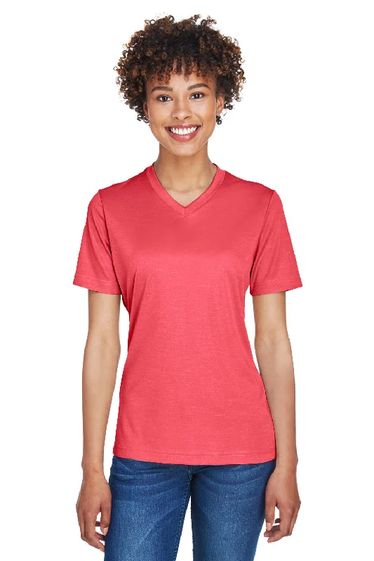 Team 365 Womens Sonic Performance Heather Moisture Wicking Short Sleeve V-Neck T-Shirt - Heather Red